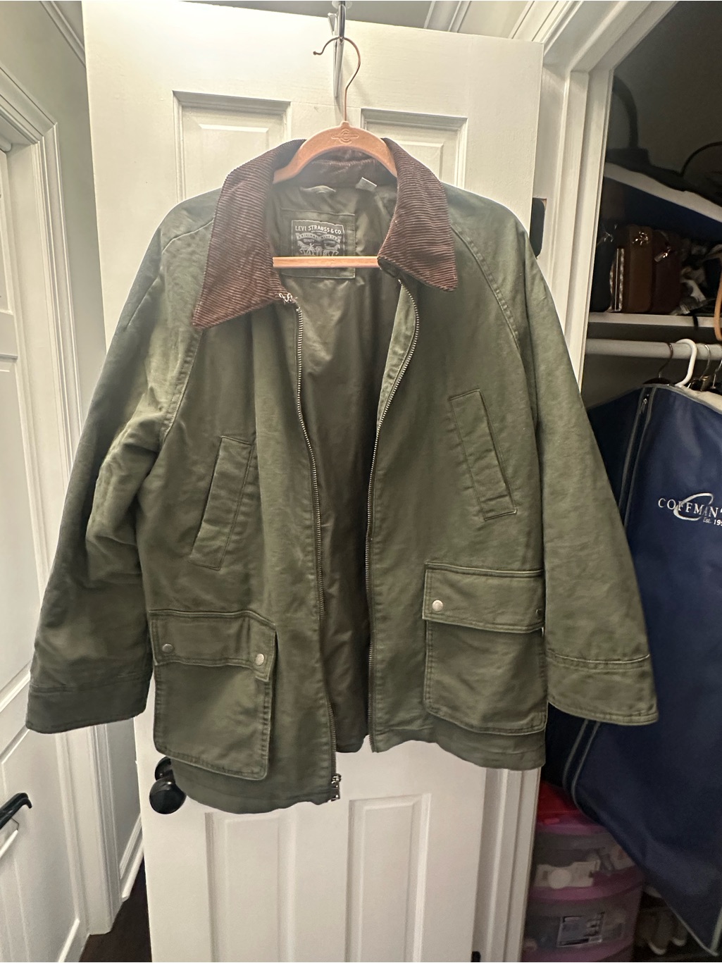 Levi's Olive Green Four Pocket Barn Jacket With Brown Corduroy Collar